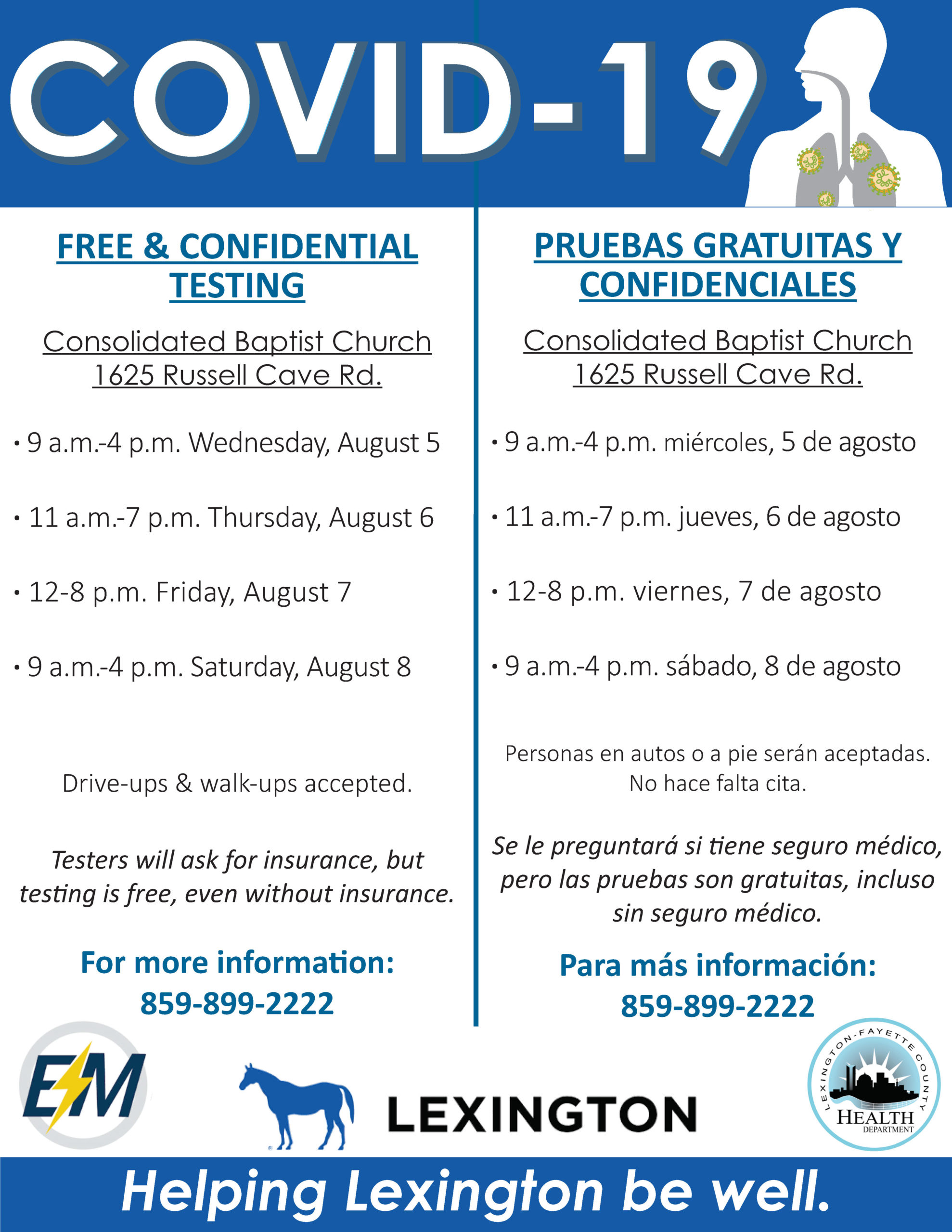 (English & en español) Special FREE testing for COVID-19 Aug. 5-8