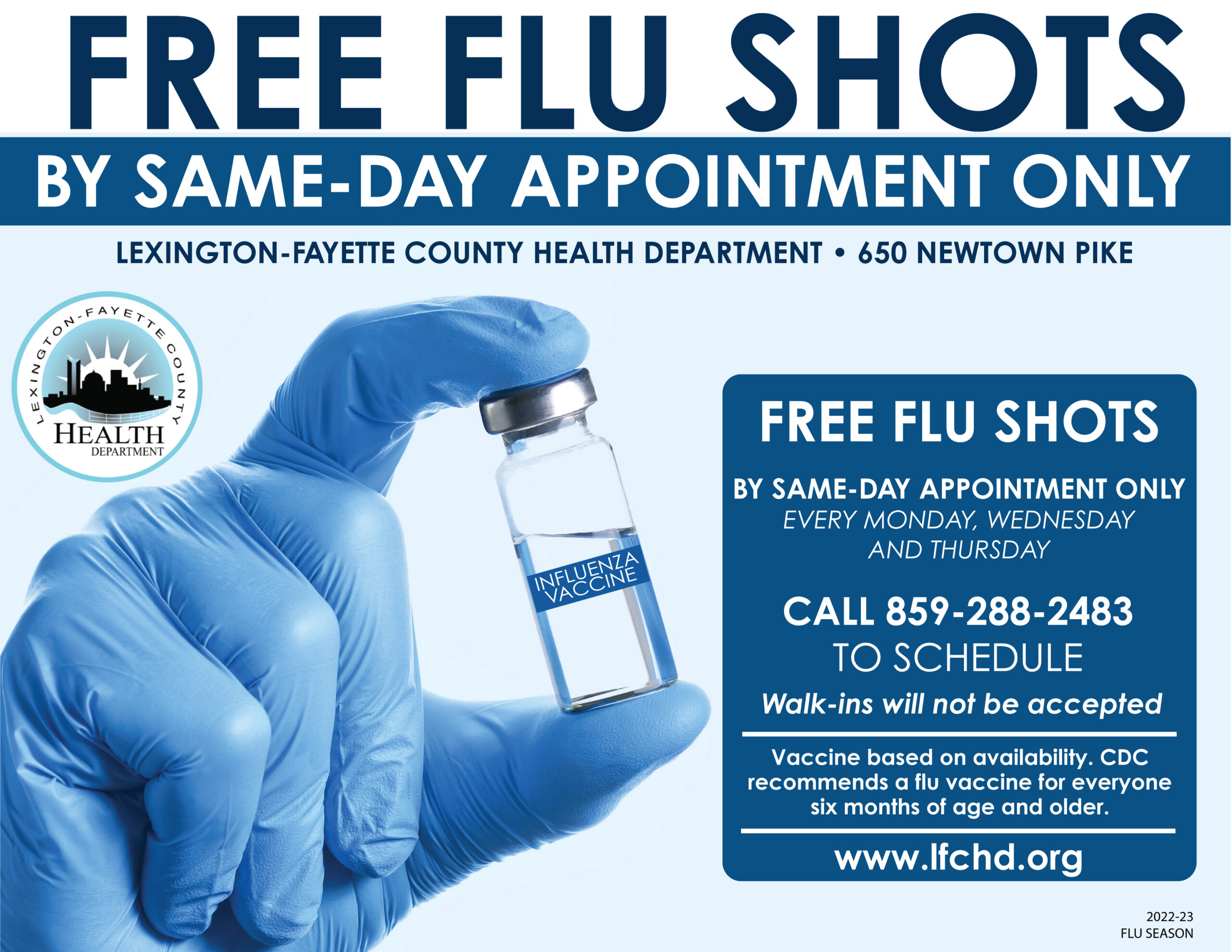 Free flu shots available by sameday appointment in Public Health Clinic