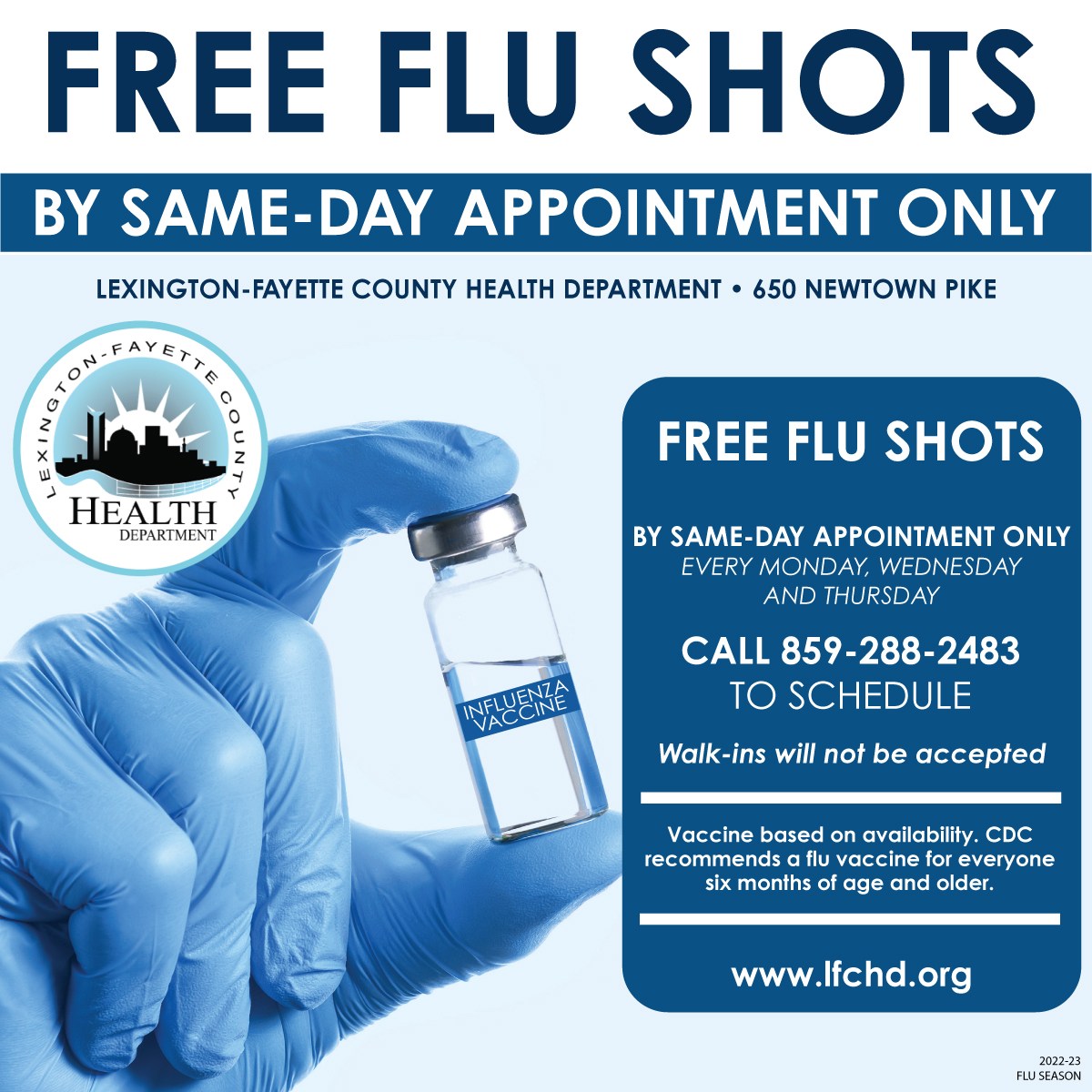 Free flu shots available by same-day appointment in Public Health Clinic